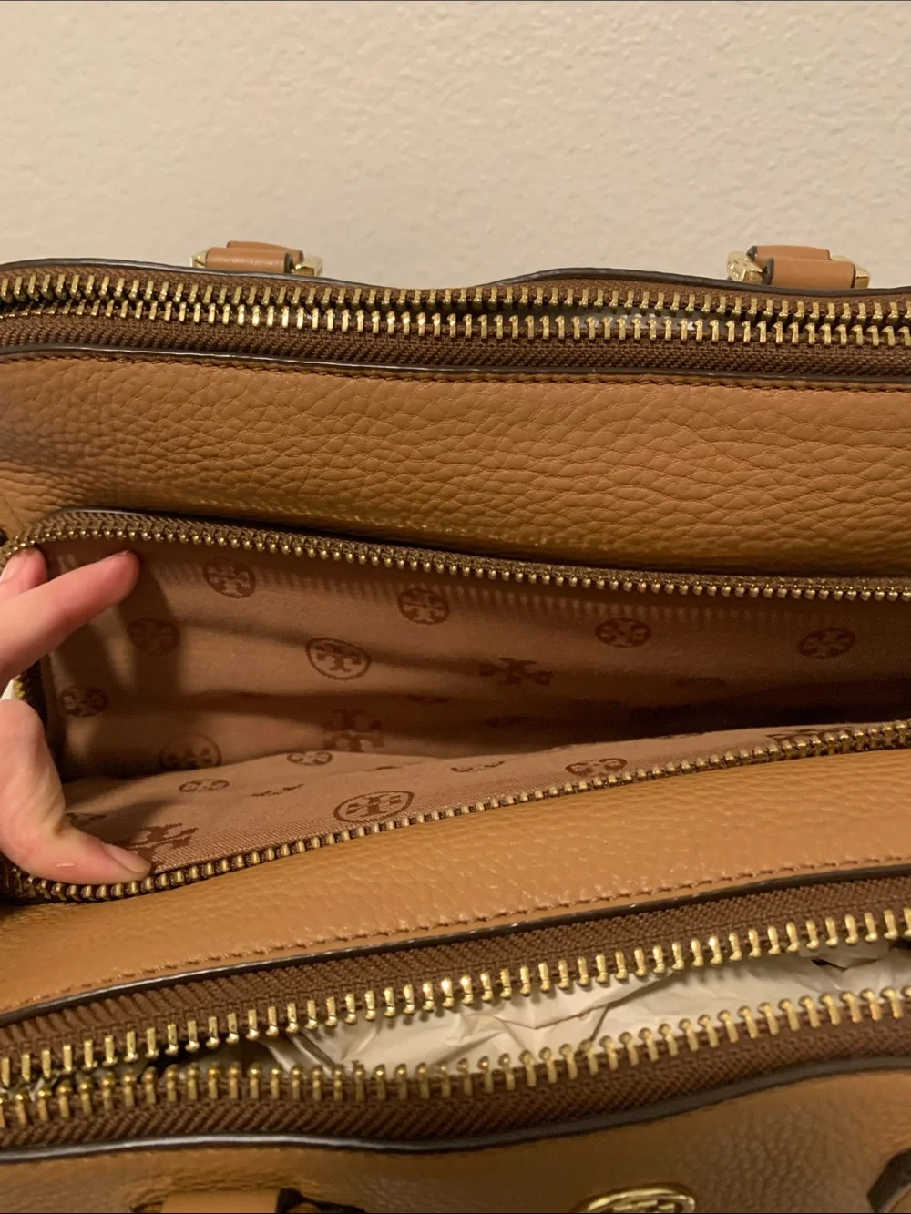 Tory Burch Robinson Camel Brown Pebbled Leather Satchel with Gold Logo